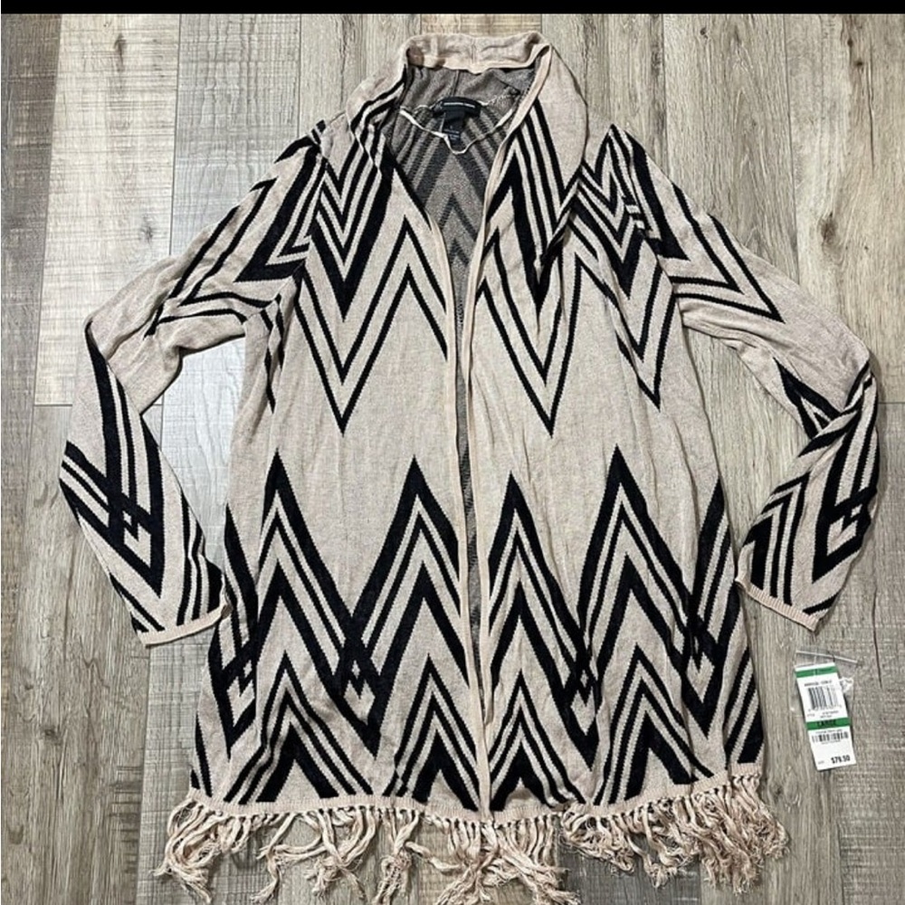 Tan and Black Geometric Cardigan Sweater L
